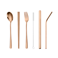 FUJI-GRACE 富士雅麗 304不鏽鋼餐具組 鏡面拋光 邊緣圓潤 配黑色收納布套 鈦金, 湯匙 + 叉子 + 筷子 + 細吸管 + 粗吸管 + 尼龍刷, 1組, 汰金