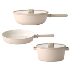 NEOFLAM 台灣公司貨 經典Chouchou系列 電磁爐適用陶瓷塗層鑄造鍋3件組, 炒鍋 + 平底鍋 + 雙耳湯鍋, 奶茶色, 1套