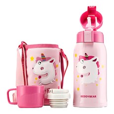 BEDDYBEAR 杯具熊 3D浮雕兒童保溫杯, 兩種杯蓋隨心使用, 食品級PP材質, 食品級柔軟矽膠吸嘴, 12小時長效保溫, 600ml大容量, 1個