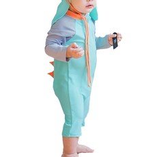 愛北鼻 寶寶長袖連體泳衣 附遮陽帽 兒童泳裝 可愛防曬, 4碼, 湖藍小恐龍