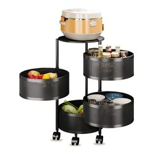 大容量蔬果附輪旋轉置物架 圓款4層, 黑色, 1個
