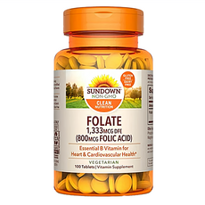 SUNDOWN NATURALS 日落恩賜 高單位葉酸錠 1 333mcg DFE (800mcg 葉酸) 素食, 100顆, 0.2g, 1罐