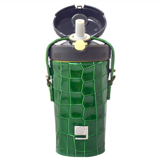 PURENINE Kids頂級時尚彈蓋隨身戶外旅行兒童保溫杯 水壺 附杯套 + 背帶, 墨綠色皮套 + 黑蓋瓶, 290ml, 1個