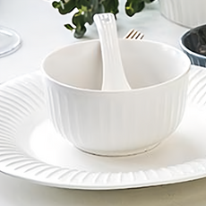 Homely Zakka 北歐創意輕奢風立體豎條紋陶瓷餐具 圓形麵碗 16cmx7.5cm, 珍珠白, 1個