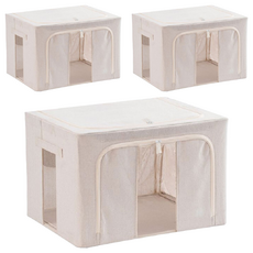 HOOM 支架棉麻收納箱, 雙拉鍊設計, 內層PE防水膜, 5mm噴塑鋼架, 66L, 中號, 3個