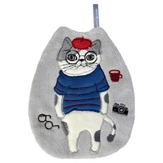 kUSUgURU JAPAN 日本眼鏡貓 吊掛擦手巾/模切造型吸水巾 折耳貓, 灰色, 1條