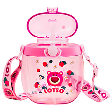 fisher-price 費雪 迪士尼 立體3D圖案矽膠包覆方形兒童用吸管水壺, 1個, 550ml, 粉色草莓熊