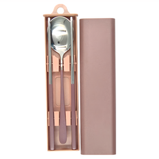 Caldo卡朵生活 撞色304不鏽鋼叉勺盒餐具3件組 - 煙燻紅, 筷子 + 湯匙 + 收納盒, 1組