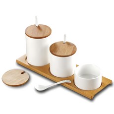 Homely Zakka 階梯三尺寸款 美味食光淨白瓷竹蓋調味料三罐組, 1個大調味料罐 + 1個中調味料罐 + 1個小調味料罐 + 3個上蓋 + 3支湯匙 + 1個底座, 1組