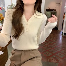 翻領小V領鈕扣長袖打底衫 FB5028 1件, 肩寬37cm胸寬40cm袖長49cm衣長52cm, 杏