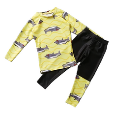 愛北鼻 黃波浪鯊魚 長袖泳衣泳褲 3XL 男孩泳裝, 黃色 + 黑色, 1組