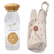 Winnie the Pooh 小熊維尼 日和竹蓋小玻璃瓶提袋組-耐熱玻璃杯, #304不銹鋼提袋, 500ml, 1組