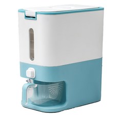 自動式按壓出料儲米桶, 藍色, 12L大容量, 防潮密封米箱, 附量杯, 1個, 34 x 21 x 39cm