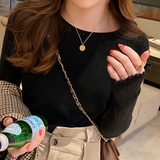 親膚感木耳邊長袖打底衫, 彈性好, 肩寬29cm + 胸寬38cm + 全長56cm + 袖長50cm, 黑, 1件