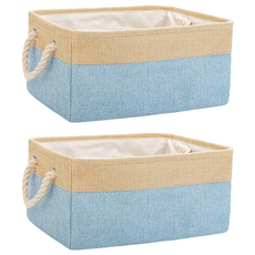 妃妃嚴選 加厚亞麻收納籃, 中, 米 + 藍, 2個