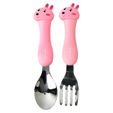 兒童304不鏽鋼可愛卡通餐具組-粉色小兔子, 湯匙 + 叉子 + 盒子, 1組