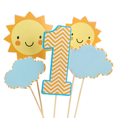 1歲蛋糕插牌 太陽款 藍色 蛋糕裝飾可愛擺件, 5件組, 1組