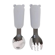 Sweet Lil' Monster 怪獸寶貝 熊熊不銹鋼叉匙隨行組 Set, FDA抗菌不銹鋼, 食品級矽膠, 1組, 氣質灰, Spoon, Fork