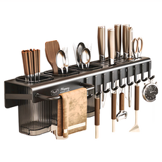 小熊 壁掛刀架 三筷桶, 50cm 含9掛鉤, 黑色, 1組