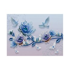 24mama 掛畫 單聯式 藍玫瑰與鳥 80 x 60cm 美麗花卉動物昆蟲蝴蝶抽象, 無框