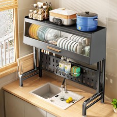 ONE HOUSE 瀝川掀門左右伸縮水槽碗盤瀝水架 + 配件 升級碳鋼, 2層, 黑色, 1個