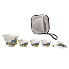 膠囊包 旅行茶具套裝 陶瓷內膽 海水江崖紋收納包, 茶碗 + 小杯 x 3 + 收納包, 茶碗白 千里江山, 1個