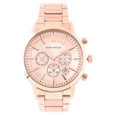 MINI FOCUS 捍衛愛情真三眼日期顯示金屬鍊帶手錶 WMF0188, 粉膚面玫金帶