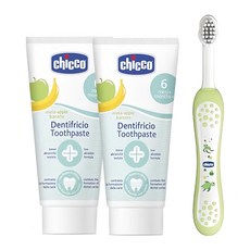 chicco 兒童含氟牙膏牙刷組 牙膏50ml*2條+牙刷*1支, 蘋果香蕉, 1組