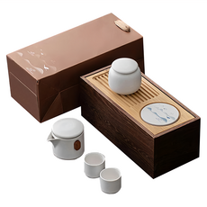 LifeShopping 山水 旅行茶具組 Set, 白色陶瓷、實木、ABS材質, 1組, 山水旅行茶具組 附精美包裝袋, 白色