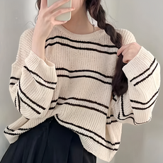 CHIC 寬鬆針織上衣，條紋, 肩寬63cm 胸寬69cm 袖長53cm 全長47cm, 杏