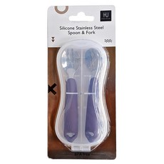 KU.KU Duckbill 酷咕鴨 KUKU PLUS 寶寶矽膠不鏽鋼餐具組 - 304不鏽鋼 食品級矽膠, 湯匙 + 叉子 + 收納盒, 丁香紫, 1組