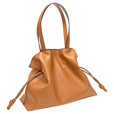 真皮牛皮束口袋托特女包, 二層牛皮內裡布手拎/單肩, 棕色, 高30 x 長38 x 厚14cm 手提高26cm