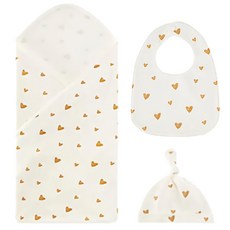 Kori Deer 可莉鹿 彌月禮盒組-北歐風嬰兒萬用包巾+寶寶帽+圍兜, 親膚材質，簡約時尚，送禮自用, 1入, 金色愛心, 75 x 75cm