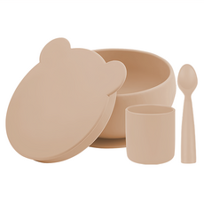 MiNiKOiOi 小美食家碗杯匙3件組, 吸盤碗12 x 6.5cm 300ml + 學習杯6.5 x 7cm 180ml + 湯匙13.2 x 2.7 x 1.6cm, 奶茶杏, 1組