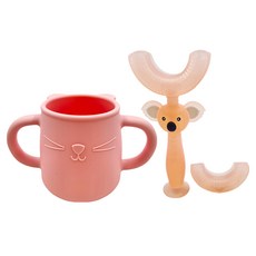 Brunoko 2合1牙刷漱口杯組 (兒童杯/帶U型刷頭的兒童牙刷)-粉色, 1組