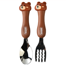 兒童304不鏽鋼可愛卡通餐具組, 湯匙 + 叉子 + 盒子, 咖啡小熊熊, 1組