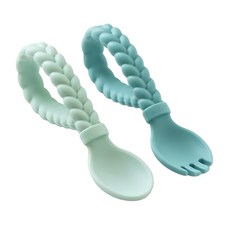 itzy ritzy 編織造型矽膠湯匙餐具組 食品級矽膠 寶寶湯匙 叉子 6個月以上適用, 森林綠, 11.5 x 3cm, 1組