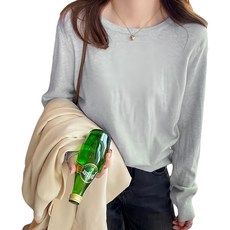 女款薄款圓領羊絨長袖打底衫, 肩寬34cm 胸寬42cm 袖長49cm 全長54cm, 灰