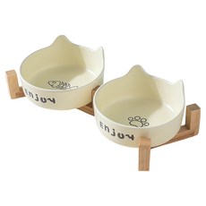 毛皇上 木架貓耳陶瓷碗 雙碗 魚骨碗 + 貓掌碗 + 木架, 黃色, 1組