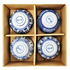 JUST HOME 日式4.5吋陶瓷飯碗4件組 滿福氣, 250ml, 白底藍花, Rice Bowls, 1組