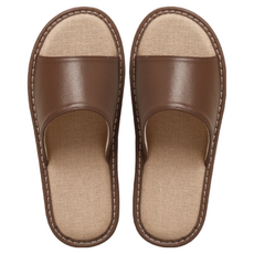 真皮頭層牛皮配亞麻防滑室內拖鞋 TPR橡膠鞋底, 430~440mm, 咖啡色, 1雙