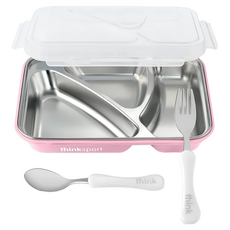 thinksport 環保不鏽鋼兒童餐盤組, 粉色, 餐盤 + 上蓋 + 叉子 + 湯匙, 1組