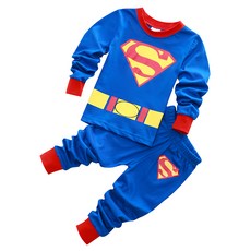 愛北鼻 兒童薄長袖套裝, 可愛超人圖案, 柔軟舒適材質, 台灣製造, 90碼, 藍色超人, 1入