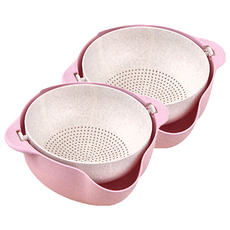 小麥雙層瀝水籃 麥稈材質 廚房客廳多用途, 24.5 x 24.5 x 11cm, 粉色, 2個