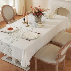 Homely Zakka 歐式棉麻刺繡葉子流蘇桌巾, 180 x 140cm, 綠色, 1個