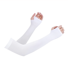 冰絲涼感袖套 套指款 透氣輕薄防曬 彈性佳活動輕便 無縫技術防滑捲邊, 白色, 1雙