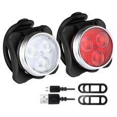 AHOYE 四段調整自行車燈組 USB充電 單車警示燈 腳踏車, 1個, 前燈 白色 + 尾燈 紅色