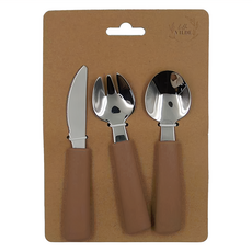 By Lille Vilde 不鏽鋼餐具 100%食品級矽膠握把, 湯匙 + 叉子 + 刀子, 大地棕, 1組