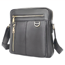 真皮頭層牛皮豎款肩背包斜背包男包 - 大容量 多層收納, 黑色