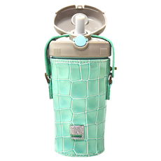 PURENINE Kids頂級時尚彈蓋隨身保溫杯, 湖綠色皮套 + 灰蓋瓶, 290ml, 1個